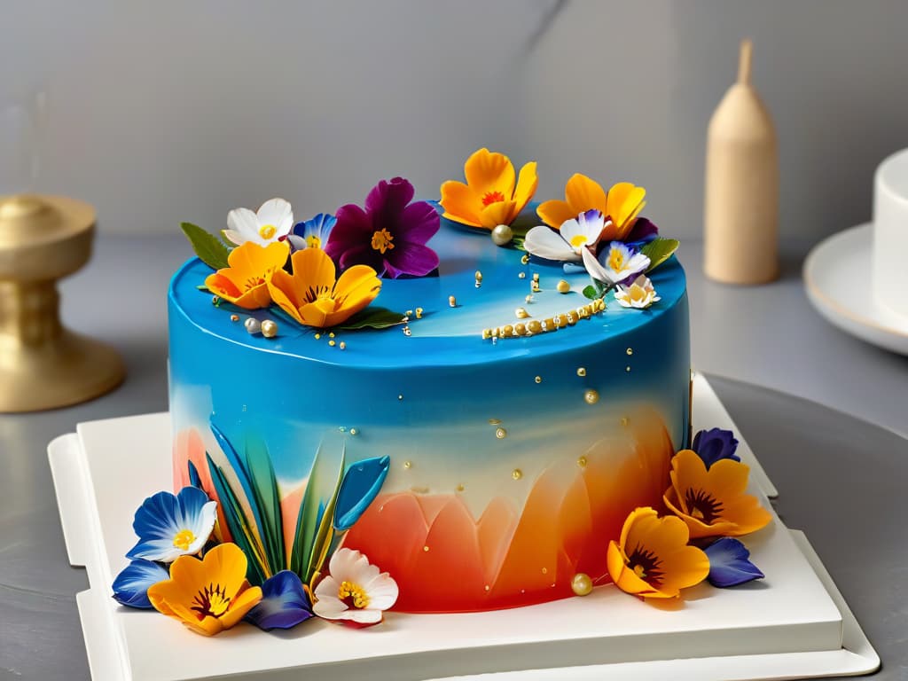  An ultradetailed, photorealistic image of a multilayered mirror glaze cake with vibrant colors and intricate geometric patterns. The cake is elegantly decorated with edible flowers, gold leaf accents, and delicate sugar sculptures, all reflecting perfectly in the glossy mirrorlike surface of the glaze. The background is a softly blurred kitchen setting with gleaming marble countertops and highend baking tools subtly visible, enhancing the luxurious and professional feel of the image. hyperrealistic, full body, detailed clothing, highly detailed, cinematic lighting, stunningly beautiful, intricate, sharp focus, f/1. 8, 85mm, (centered image composition), (professionally color graded), ((bright soft diffused light)), volumetric fog, trending on instagram, trending on tumblr, HDR 4K, 8K