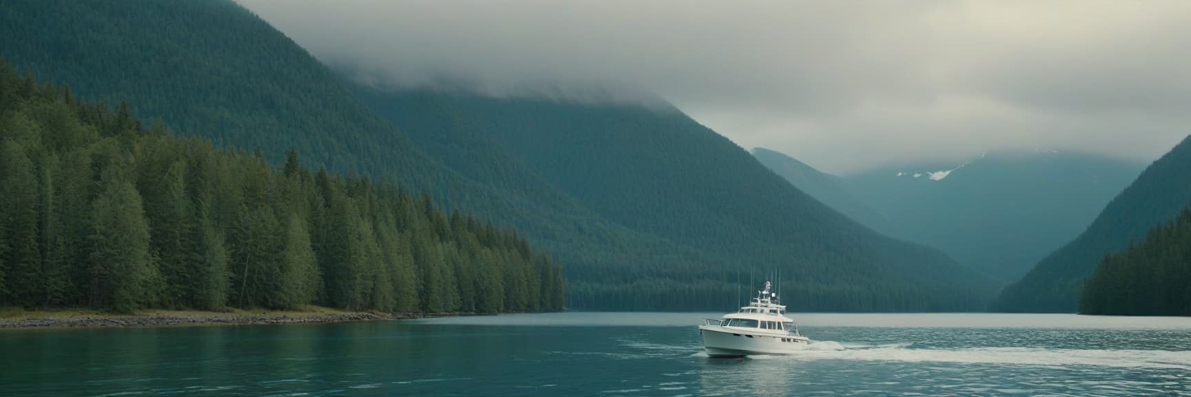  cinematic film still on the right is a beautiful modern white boat, on the left is water, in the background there is a forest and small mountains . shallow depth of field, vignette, highly detailed, high budget, bokeh, cinemascope, moody, epic, gorgeous, film grain, grainy hyperrealistic, full body, detailed clothing, highly detailed, cinematic lighting, stunningly beautiful, intricate, sharp focus, f/1. 8, 85mm, (centered image composition), (professionally color graded), ((bright soft diffused light)), volumetric fog, trending on instagram, trending on tumblr, HDR 4K, 8K