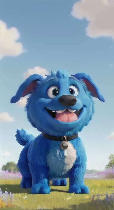  {A happy, big blue dog wagging its tail in a colorful meadow, The big blue dog is large with sky blue fur, big round eyes, a black nose, and floppy ears.