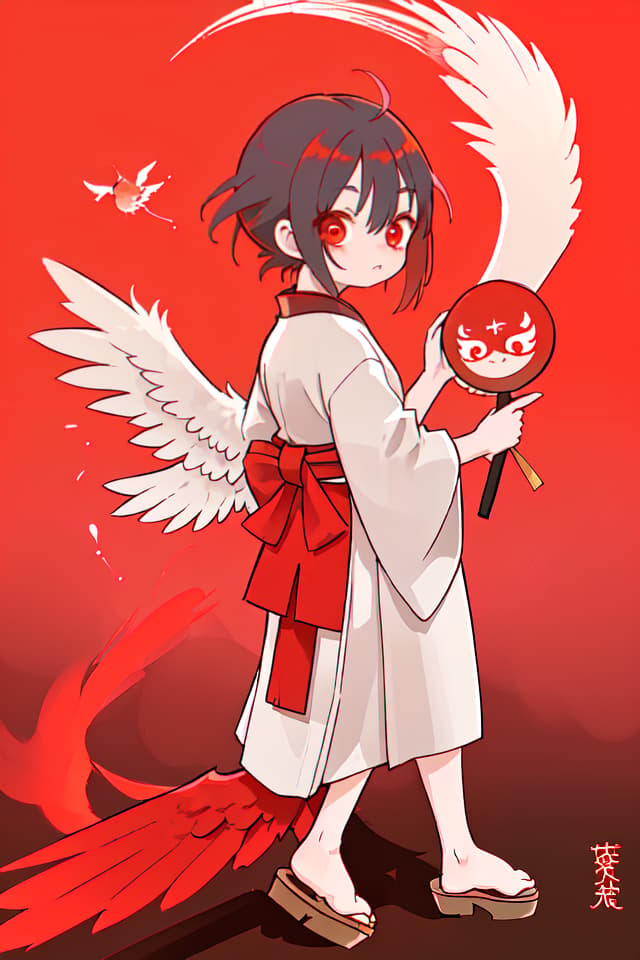  Tengu, wearing long hem hakama, red tengu wings grow on the back, bare feet, clogs, fan, little girl