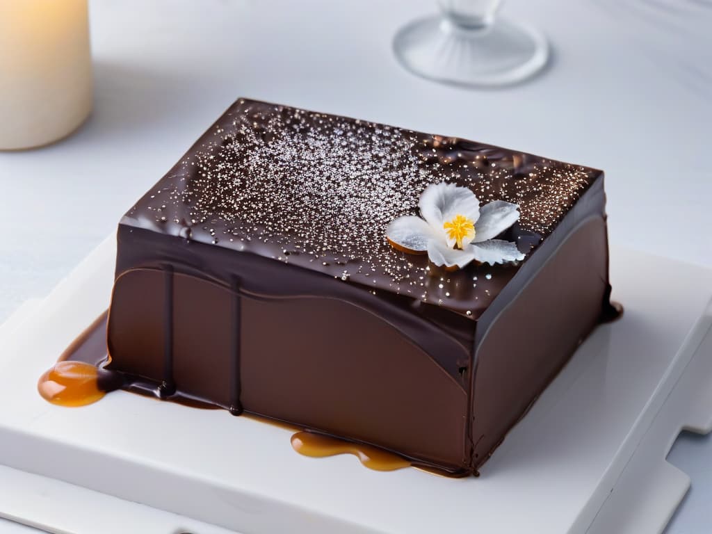  A closeup, photorealistic image of a luxurious dark chocolate bar with intricate swirls of caramel drizzle on top, surrounded by a sprinkling of fleur de sel sea salt crystals. The chocolate bar is placed on a sleek marble countertop, with soft natural light casting gentle shadows, highlighting the glossy sheen of the chocolate. The caramel drizzle glistens invitingly, and the sea salt crystals add a touch of elegance to the decadent dessert. This visually stunning image conveys sophistication and indulgence, perfect for complementing an article on the benefits of choosing Fair Trade chocolate for culinary creations. hyperrealistic, full body, detailed clothing, highly detailed, cinematic lighting, stunningly beautiful, intricate, sharp focus, f/1. 8, 85mm, (centered image composition), (professionally color graded), ((bright soft diffused light)), volumetric fog, trending on instagram, trending on tumblr, HDR 4K, 8K