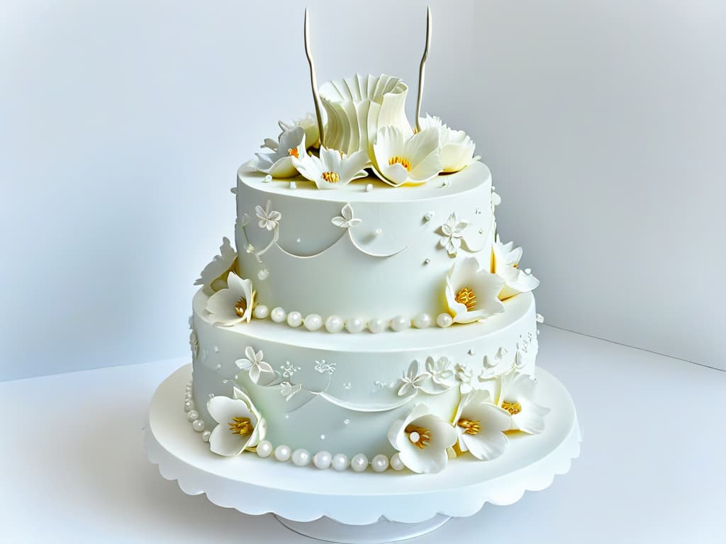  An ultradetailed, minimalist illustration of a beautifully decorated threetiered cake, featuring intricate piping work, delicate sugar flowers, and shimmering edible pearls. The cake is set against a clean, white background, emphasizing its flawless craftsmanship and elegant design. Each detail is meticulously rendered, showcasing the skill and artistry involved in creating this masterpiece of pastry art. hyperrealistic, full body, detailed clothing, highly detailed, cinematic lighting, stunningly beautiful, intricate, sharp focus, f/1. 8, 85mm, (centered image composition), (professionally color graded), ((bright soft diffused light)), volumetric fog, trending on instagram, trending on tumblr, HDR 4K, 8K