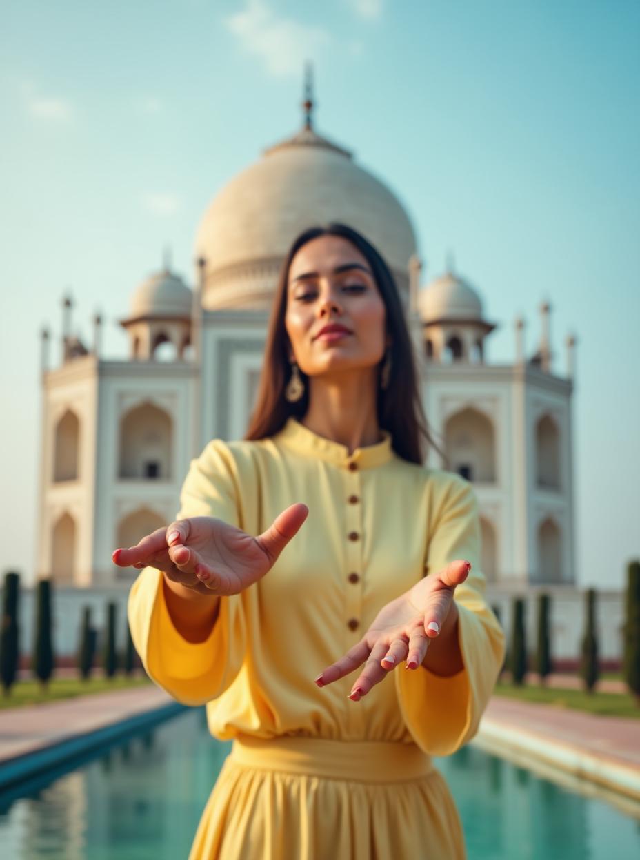  good quality, high quality, an indian woman wearing a light yellow kameez poses gracefully against taj mahal with dusky background. her face is lowered towards the camera, creating a dynamic and immersive perspective. the focus is on the woman, with a slight blur on the background to enhance depth. the lighting is natural, casting soft shadows and enhancing the serene, airy mood. the composition features a low angle shot that emphasizes her movement and expression, conveying a sense of freedom and elegance.