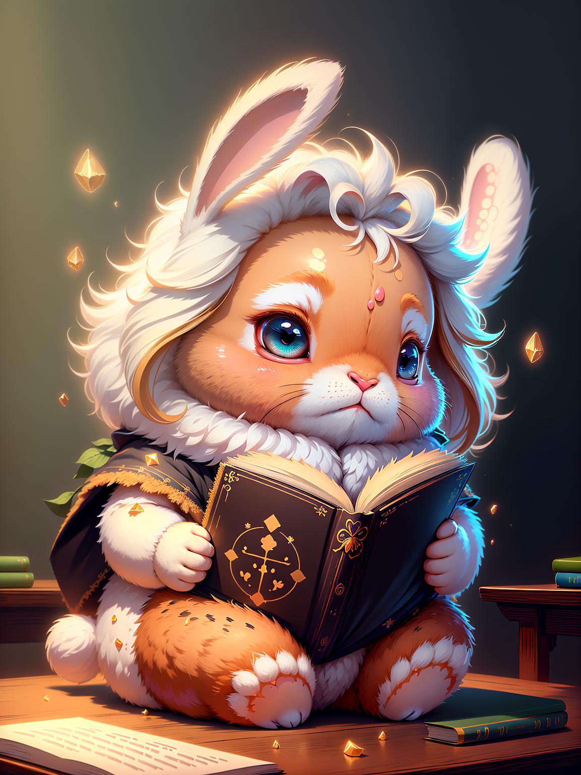  master piece, best quality, ultra detailed, highres, 4k.8k, Rabbit teacher, Teaching, guiding, interacting, comforting, Gentle, caring, joyful, patient, BREAK Kind rabbit teacher, surrounded by fluffy fur, loves teaching students., Cozy classroom, Books, desks, blackboard, educational materials, BREAK Warm and inviting, Soft lighting, friendly aura, educational vibe, serene mood, magic particles,Cu73Cre4ture,fun00d