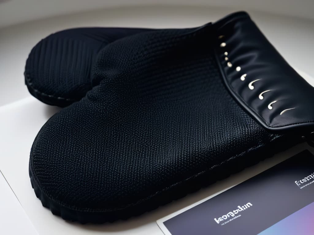  An ultradetailed closeup image of a sleek, black oven mitt with intricate stitching details, set against a clean, white background. The focus is on the highquality material and stylish design of the oven mitt, showcasing its durability and modern aesthetic. hyperrealistic, full body, detailed clothing, highly detailed, cinematic lighting, stunningly beautiful, intricate, sharp focus, f/1. 8, 85mm, (centered image composition), (professionally color graded), ((bright soft diffused light)), volumetric fog, trending on instagram, trending on tumblr, HDR 4K, 8K