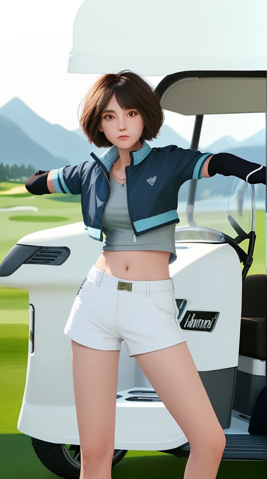  A girl with short hair, wearing a jacket and shorts, stands with her arms akimbo beside a golf cart, with a golf course in the background and mountains in the distance.