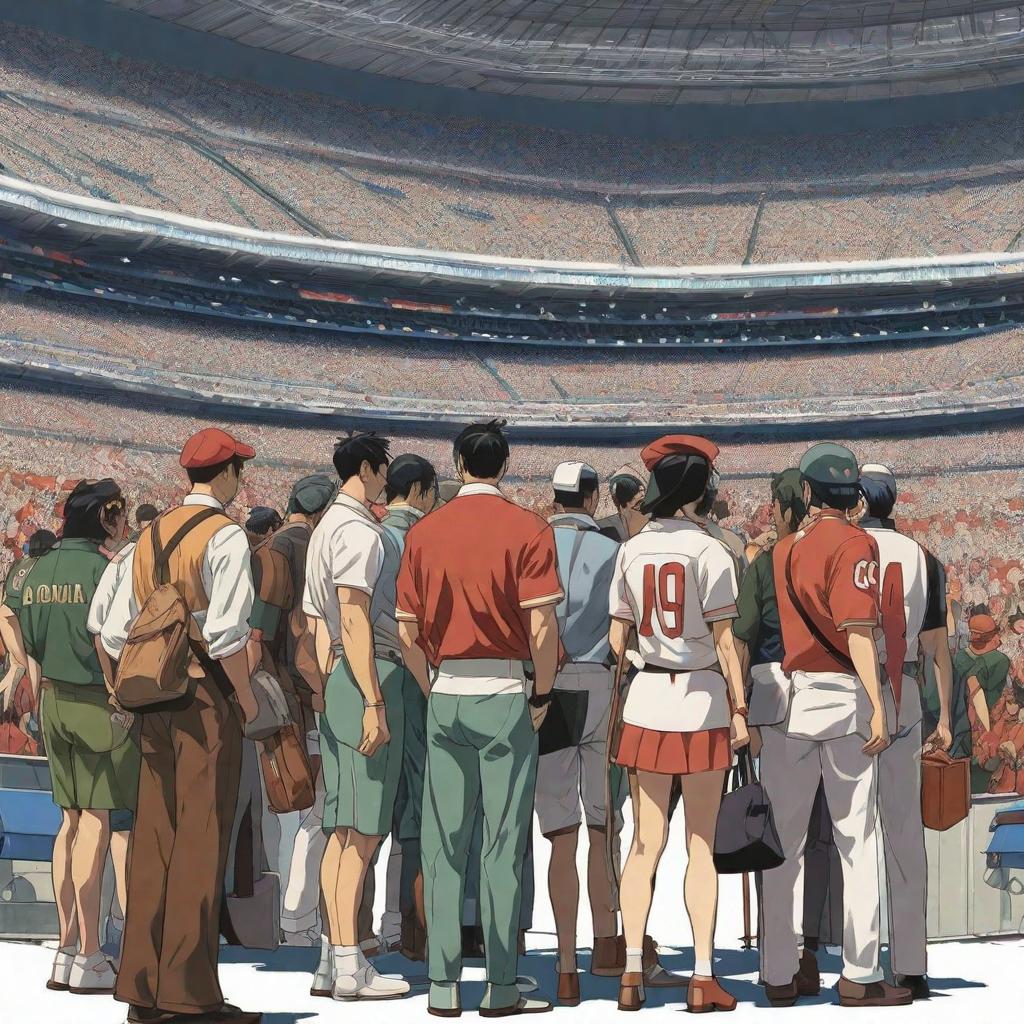  A group of people enter a stadium., anime concept art by Hayao Miyazaki, featured on pixiv, fantasy art, concept art, official art, high detailed hyperrealistic, full body, detailed clothing, highly detailed, cinematic lighting, stunningly beautiful, intricate, sharp focus, f/1. 8, 85mm, (centered image composition), (professionally color graded), ((bright soft diffused light)), volumetric fog, trending on instagram, trending on tumblr, HDR 4K, 8K