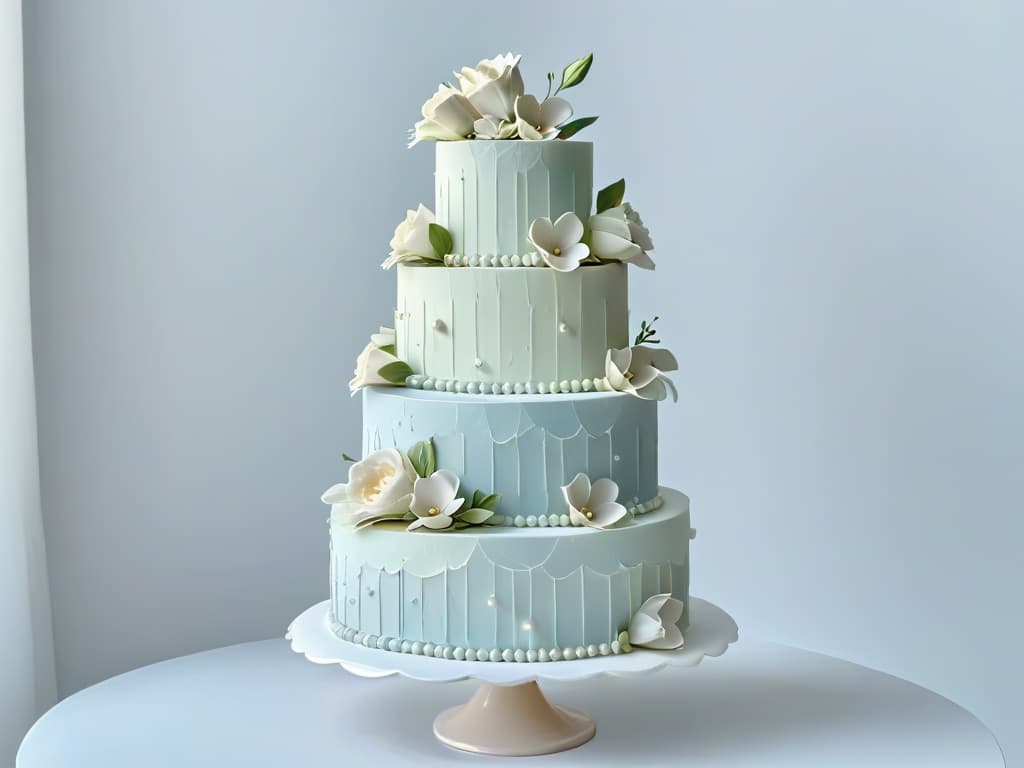  A highresolution image of an intricately designed threetiered wedding cake, elegantly adorned with delicate fondant flowers in pastel shades, displayed on a sleek marble cake stand against a soft, blurred background. The cake features impeccable detailing, including intricate lace patterns and shimmering edible pearls, showcasing the artistry and precision achievable with silicone molds in pastry decoration. hyperrealistic, full body, detailed clothing, highly detailed, cinematic lighting, stunningly beautiful, intricate, sharp focus, f/1. 8, 85mm, (centered image composition), (professionally color graded), ((bright soft diffused light)), volumetric fog, trending on instagram, trending on tumblr, HDR 4K, 8K