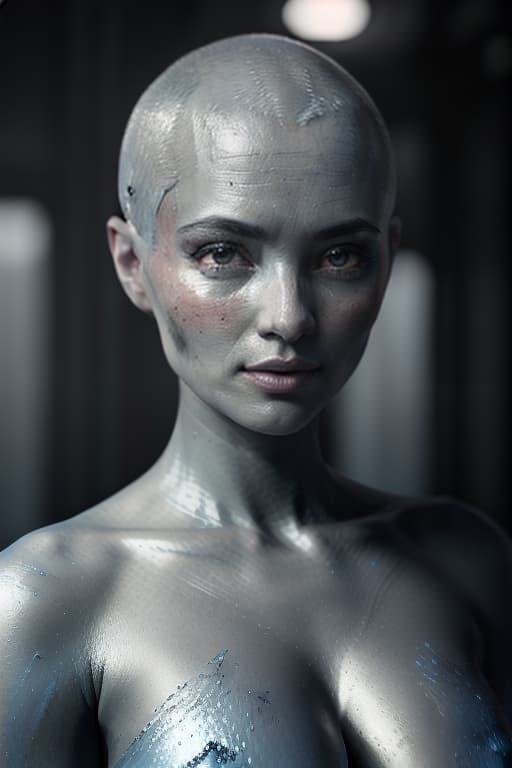  close up of a blue female alien, no hair, outer space, shining skin texture, soft cinematic light, hyperdetailed, low contrast, soft cinematic light, faded hyperrealistic, full body, detailed clothing, highly detailed, cinematic lighting, stunningly beautiful, intricate, sharp focus, f/1. 8, 85mm, (centered image composition), (professionally color graded), ((bright soft diffused light)), volumetric fog, trending on instagram, trending on tumblr, HDR 4K, 8K