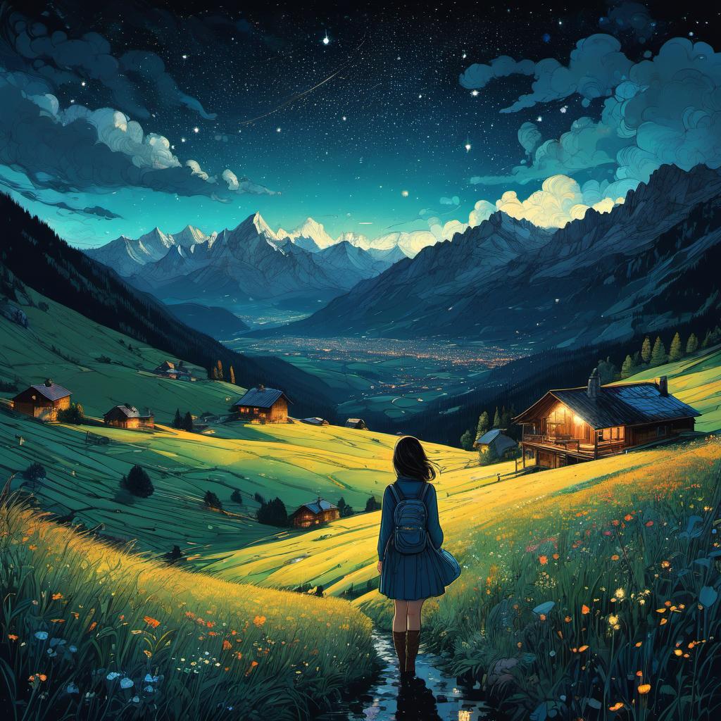  European girl, The view from behind, on the Alpine meadow, after rain, starry sky, clouds, vivid, highly detailed, Nicolas Delort and Victo Ngai, hand-drawn, digital art, Midnight, whimsical, (enchanting atmosphere:1.1), warm lighting , depth of field, Wacom Cintiq, Adobe Photoshop, 300 DPI, (hdr:1.2), dark perple shadows
