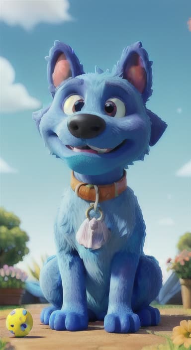  {Max carefully picking up the ball with his teeth without disturbing the flowers, The big blue dog is large with sky blue fur, big round eyes, a black nose, and floppy ears.