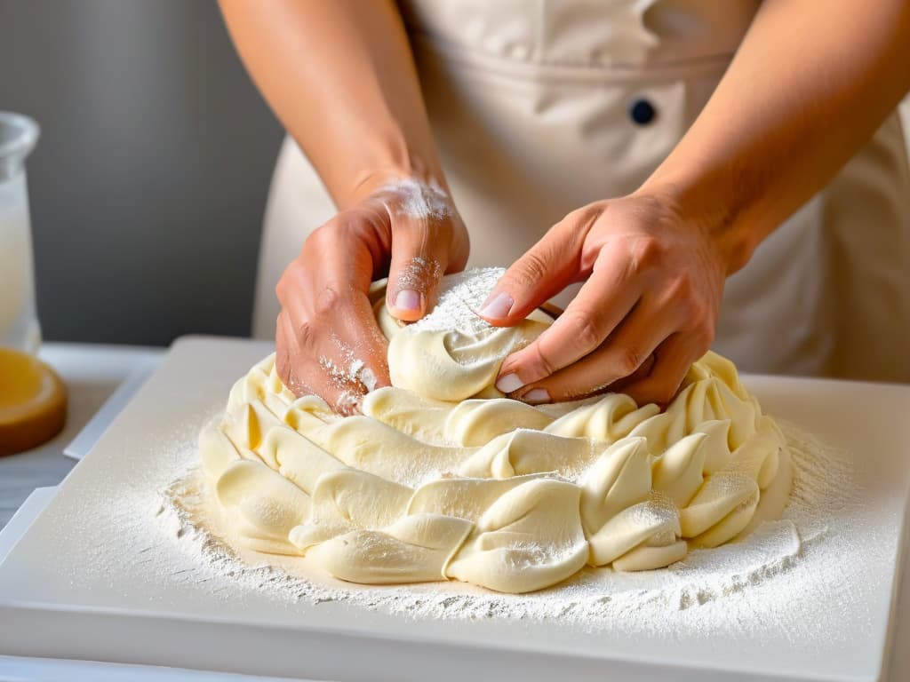  A closeup, photorealistic image of a professional baker's hands expertly kneading dough, showcasing the intricate process of gluten development in pastry making. The hands are skillfully shaping the dough, with flour gently dusting the surface, highlighting the dedication and precision required to achieve the perfect texture desired in baking. hyperrealistic, full body, detailed clothing, highly detailed, cinematic lighting, stunningly beautiful, intricate, sharp focus, f/1. 8, 85mm, (centered image composition), (professionally color graded), ((bright soft diffused light)), volumetric fog, trending on instagram, trending on tumblr, HDR 4K, 8K