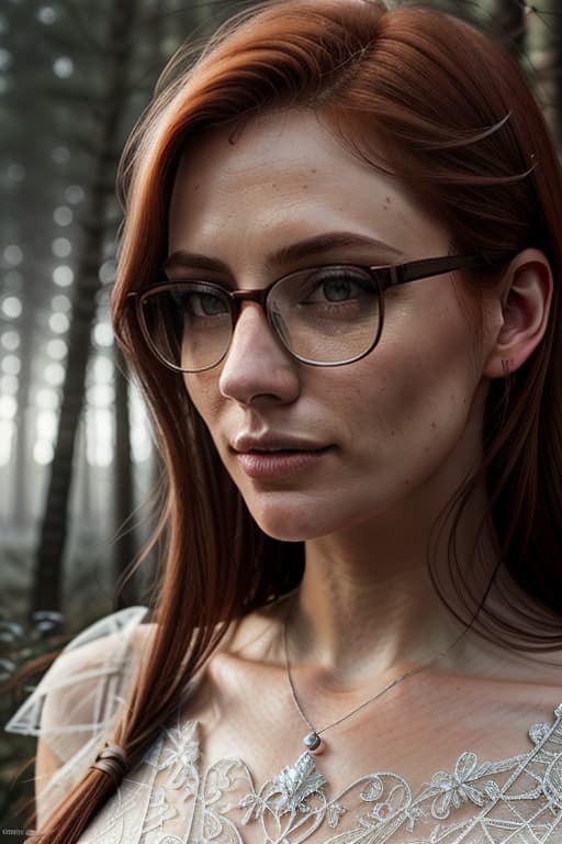  close up of a european woman, ginger hair, glasses, winter forest, natural skin texture, 24mm, 4k textures, soft cinematic light, RAW photo, photorealism, photorealistic, intricate, elegant, highly detailed, sharp focus, ((((cinematic look)))), soothing tones, insane details, intricate details, hyperdetailed, low contrast, soft cinematic light, dim colors, exposure blend, hdr, faded hyperrealistic, full body, detailed clothing, highly detailed, cinematic lighting, stunningly beautiful, intricate, sharp focus, f/1. 8, 85mm, (centered image composition), (professionally color graded), ((bright soft diffused light)), volumetric fog, trending on instagram, trending on tumblr, HDR 4K, 8K