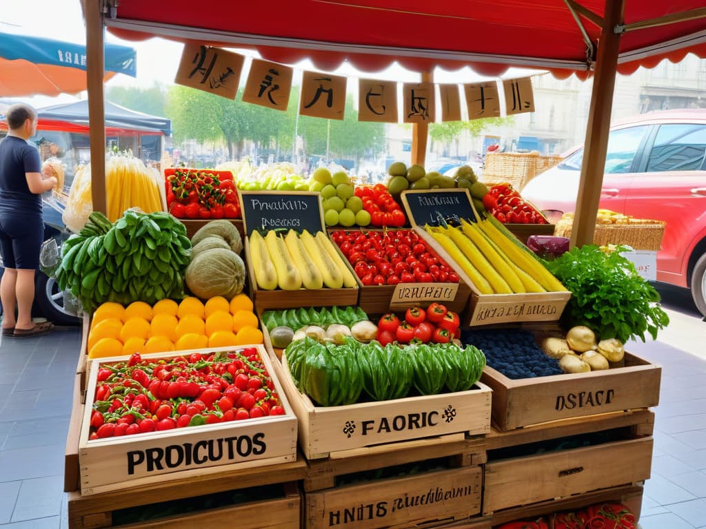  A minimalistic and highly detailed image of a vibrant farmers' market stall filled with colorful organic fruits, vegetables, and herbs displayed in wooden crates and baskets. The stall is topped with a handwritten sign that reads "Productos Orgánicos" in elegant calligraphy. Sunlight filters through the canopy overhead, casting a warm glow on the fresh produce, creating a visually appealing and inviting scene that evokes a sense of ethical and sustainable food sourcing for baking ingredients. hyperrealistic, full body, detailed clothing, highly detailed, cinematic lighting, stunningly beautiful, intricate, sharp focus, f/1. 8, 85mm, (centered image composition), (professionally color graded), ((bright soft diffused light)), volumetric fog, trending on instagram, trending on tumblr, HDR 4K, 8K