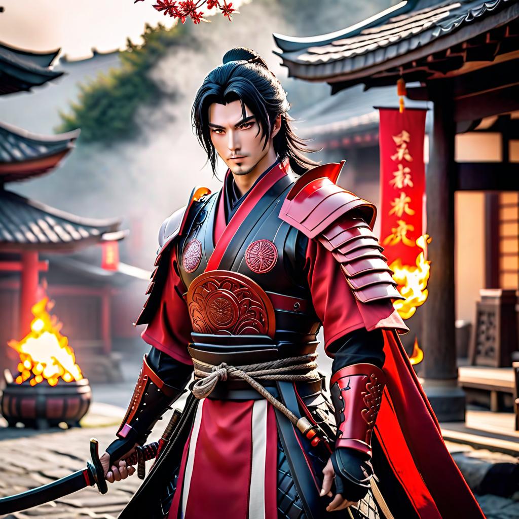  A man with average build, Japanese appearance, black hair, samurai red armors, fire mage, cool. hyperrealistic, full body, detailed clothing, highly detailed, cinematic lighting, stunningly beautiful, intricate, sharp focus, f/1. 8, 85mm, (centered image composition), (professionally color graded), ((bright soft diffused light)), volumetric fog, trending on instagram, trending on tumblr, HDR 4K, 8K