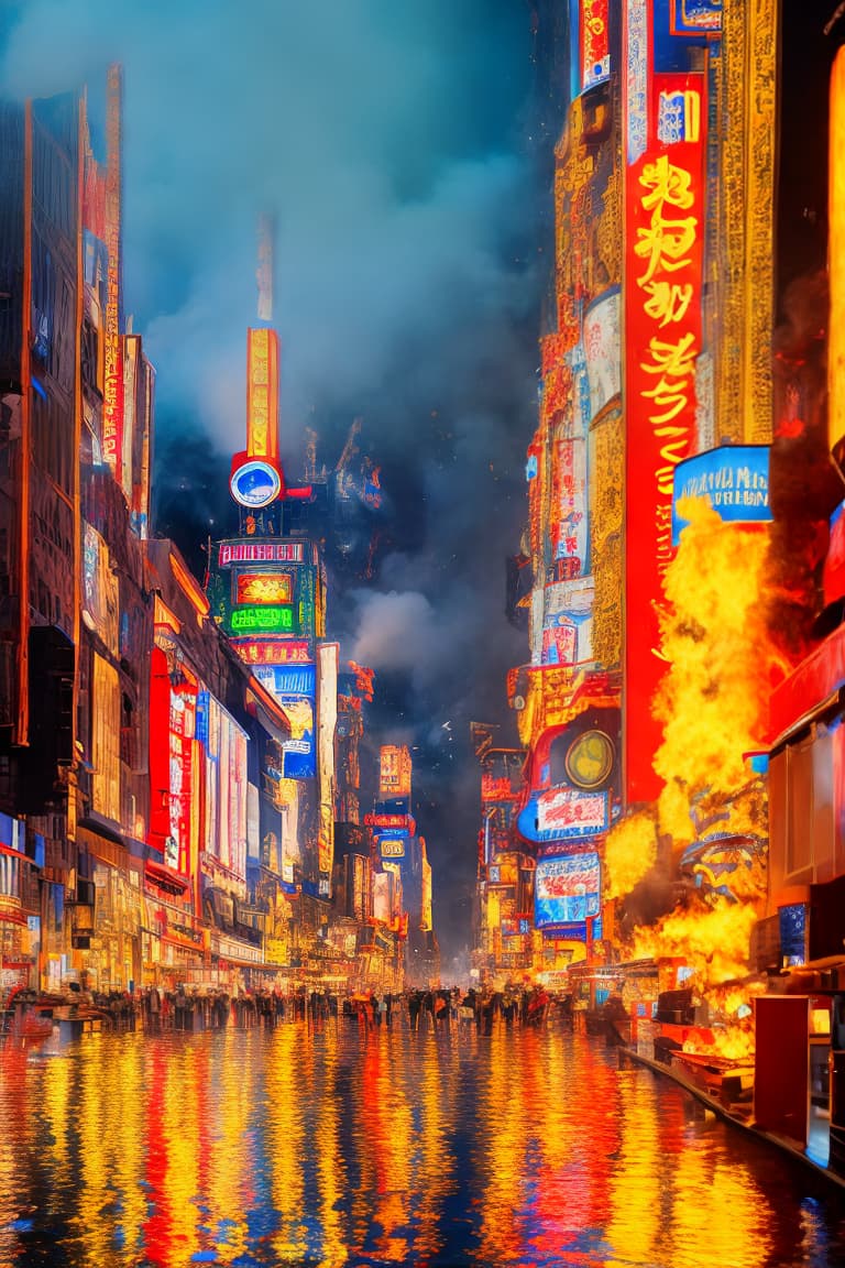 mdjrny-v4 style ((((masterpiece)))), best quality, very_high_resolution, ultra-detailed, in-frame, Dotonbori Glico, fire. 
crowded street, emergency response, smoke, flames, panic, firefighters, danger, evacuation, chaos, burning building, destruction, alarm, emergency vehicles, water hoses, rescue efforts, heat, inferno, sirens, black smoke, damage, darkness