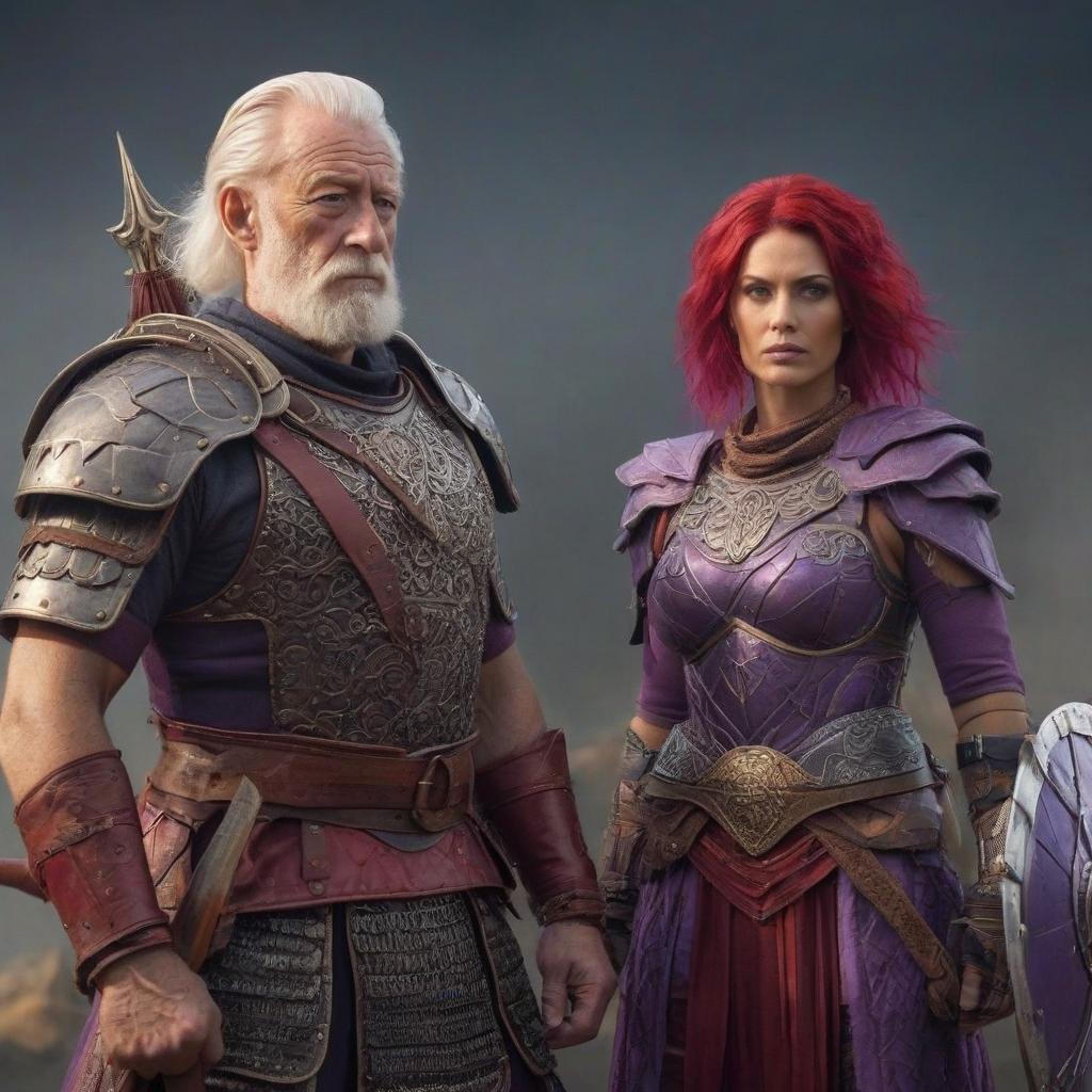  Red Haired, Warrior, old man, armor, violet hair, dress, grandmother, two people, family photo hyperrealistic, full body, detailed clothing, highly detailed, cinematic lighting, stunningly beautiful, intricate, sharp focus, f/1. 8, 85mm, (centered image composition), (professionally color graded), ((bright soft diffused light)), volumetric fog, trending on instagram, trending on tumblr, HDR 4K, 8K