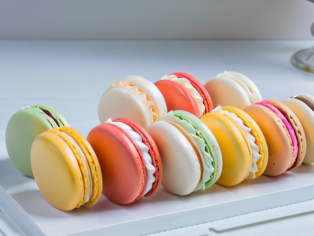  An ultradetailed, 8k image of a pristine white marble countertop with a row of colorful, perfectly shaped French macarons in various flavors and pastel hues displayed in a straight line. Each macaron is delicately decorated with intricate floral patterns and gold leaf accents, creating a visually striking and elegant composition that embodies the artistry of French pastrymaking. The natural light streaming in from a nearby window highlights the smooth, glossy surface of the macarons, emphasizing their exquisite craftsmanship and inviting the viewer to indulge in a sensory journey of taste and beauty. hyperrealistic, full body, detailed clothing, highly detailed, cinematic lighting, stunningly beautiful, intricate, sharp focus, f/1. 8, 85mm, (centered image composition), (professionally color graded), ((bright soft diffused light)), volumetric fog, trending on instagram, trending on tumblr, HDR 4K, 8K