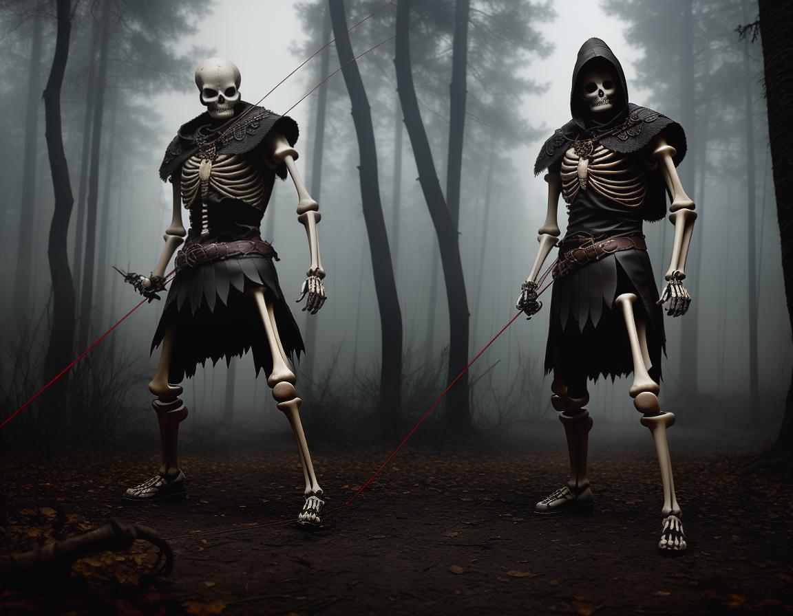  Disney cartoon style, a skeleton archer with a leather armour, the warrior is poor, background is a dark halloween forest, angry expression, facing the player, single person