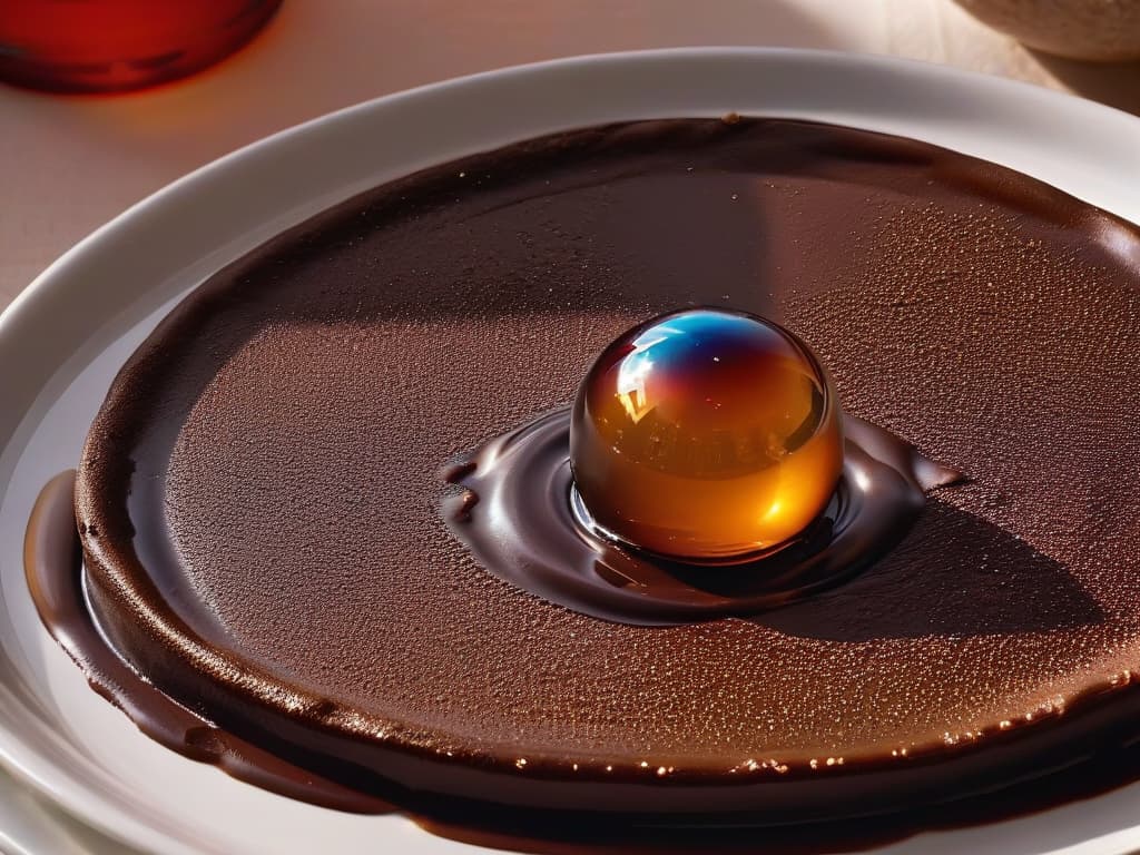  A closeup, ultradetailed shot of a single droplet of water delicately resting on the surface of a perfectly smooth, glossy chocolate glaze. The droplet reflects the soft ambient lighting, revealing a spectrum of colors and creating a mesmerizing visual effect. The chocolate glaze appears flawlessly smooth, with no imperfections, emphasizing the importance of water in achieving the perfect texture in desserts. hyperrealistic, full body, detailed clothing, highly detailed, cinematic lighting, stunningly beautiful, intricate, sharp focus, f/1. 8, 85mm, (centered image composition), (professionally color graded), ((bright soft diffused light)), volumetric fog, trending on instagram, trending on tumblr, HDR 4K, 8K