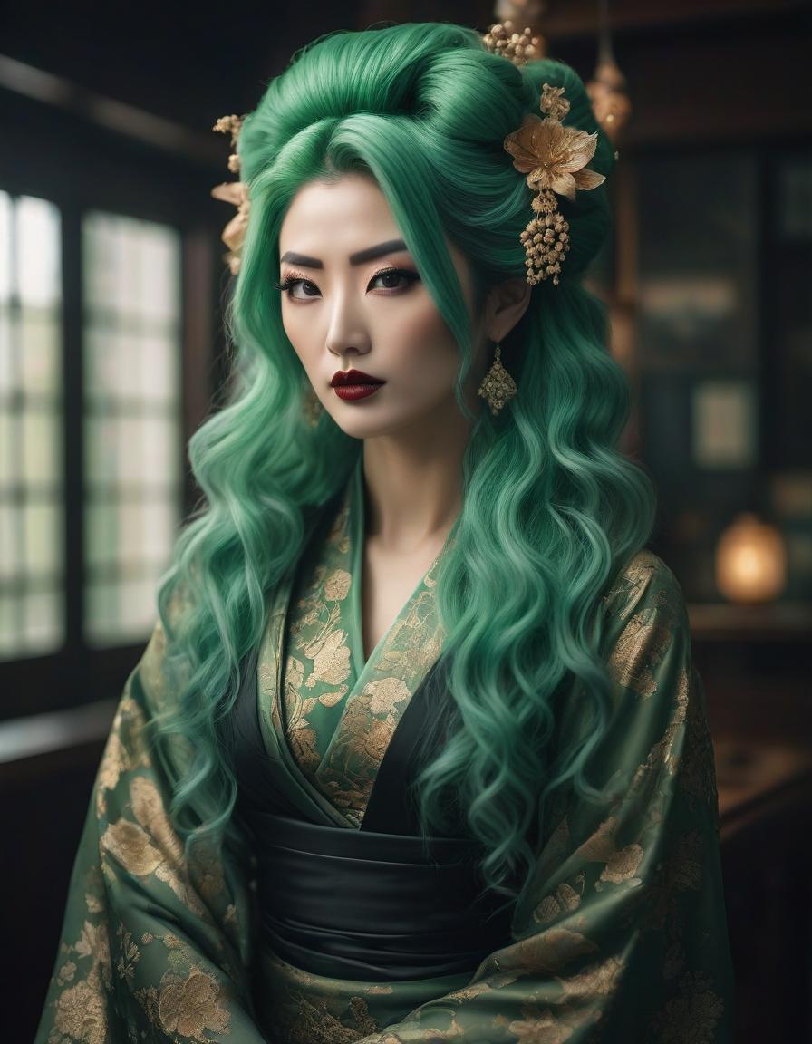  analog film photo Gorgeous fluid, realistic and intricate, high definition portrait of a Gothic Geisha with realistic, clear eyes and detailed green hair, high resolution, photorealistic, Nikon Z9, 85mm F1.2, DOF, sharp focus very detailed and extremely beautiful. Intricate photorealistic 8k winning photography masterpiece, ultra detailed high definition sharp quality focused in hdr Ultra realistic, HR Ginger . faded film, desaturated, 35mm photo, grainy, vignette, vintage, Kodachrome, Lomography, stained, highly detailed, found footage hyperrealistic, full body, detailed clothing, highly detailed, cinematic lighting, stunningly beautiful, intricate, sharp focus, f/1. 8, 85mm, (centered image composition), (professionally color graded), ((bright soft diffused light)), volumetric fog, trending on instagram, trending on tumblr, HDR 4K, 8K