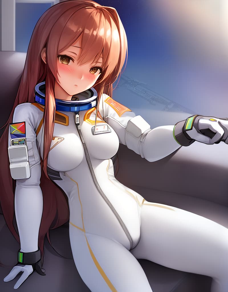  Beautiful young woman, astronaut, unzipped astronaut suit, chest,, blushing, sitting on sofa,, exhibitionist