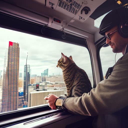 nvinkpunk Realistic image of a cat wearing headphones and reading glasses while riding a bus. hyperrealistic, full body, detailed clothing, highly detailed, cinematic lighting, stunningly beautiful, intricate, sharp focus, f/1. 8, 85mm, (centered image composition), (professionally color graded), ((bright soft diffused light)), volumetric fog, trending on instagram, trending on tumblr, HDR 4K, 8K