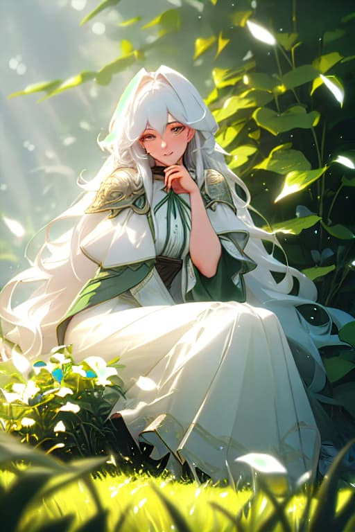  (masterpiece, best quality),1girl with long white hair sitting in a field of green plants and flowers, her hand under her chin, warm lighting, white dress, blurry foreground hyperrealistic, full body, detailed clothing, highly detailed, cinematic lighting, stunningly beautiful, intricate, sharp focus, f/1. 8, 85mm, (centered image composition), (professionally color graded), ((bright soft diffused light)), volumetric fog, trending on instagram, trending on tumblr, HDR 4K, 8K