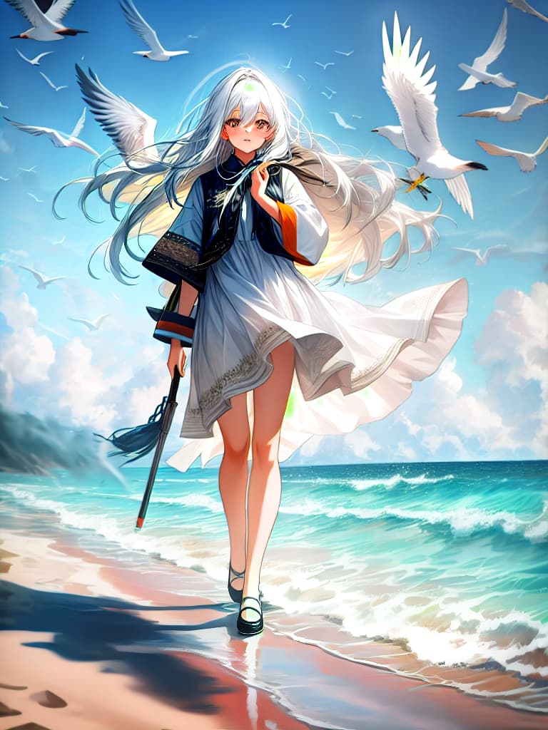  Masterpiece, best quality, a girl with long white hair, standing by the beach, wearing a white dress, white eyes, opening her hands, her hair blown up by the wind, and seagulls flying in the sky hyperrealistic, full body, detailed clothing, highly detailed, cinematic lighting, stunningly beautiful, intricate, sharp focus, f/1. 8, 85mm, (centered image composition), (professionally color graded), ((bright soft diffused light)), volumetric fog, trending on instagram, trending on tumblr, HDR 4K, 8K