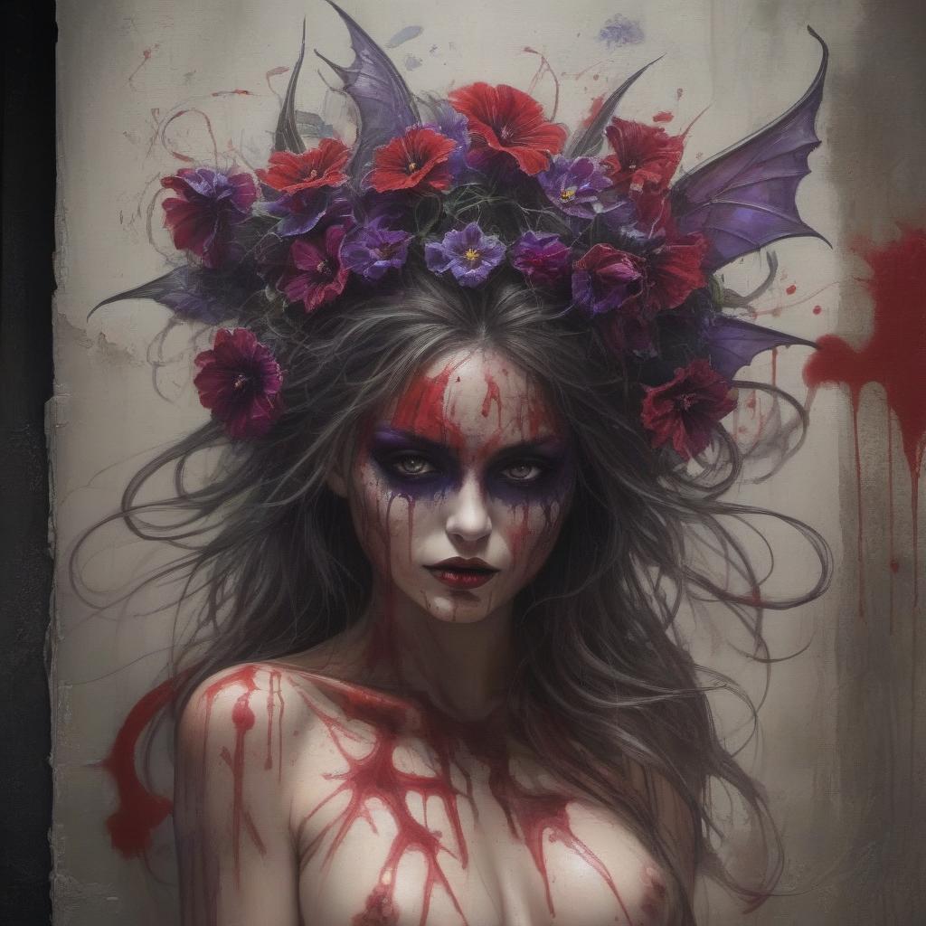  graffiti style [naked:51], [nsfw:51], [nudist:51], [full body shot:51], [bloody fairy:50], [pet bloody monster one big spider pansy flower :51], [blood:51], [naked bloody:51], [dark highest sorceress queen fairy goddess:51], [redhead:51], (blood 1:4), (fiery 1:2), fiery violet fiery purple wings, (butterfly 1:3),full body blood, bloody splash, blood sea, her evil bloody hungry monster spider asks her for bloody food, (dark fiery blood violet fiery purple wings1:3), naked|nudist, muscle|curvy|slim|skinnySlim|Thin|Skinny|Petite|fat|Slender|Lean|Lanky|plump|Fragile|Delicate|Slight|sporty|athletic|bbw|sexy|badass|wet|dripping, dark fiery blood magic in hands, blood splash, dark magic action, accent of light, , (sexy splash 1:1), provocative fie