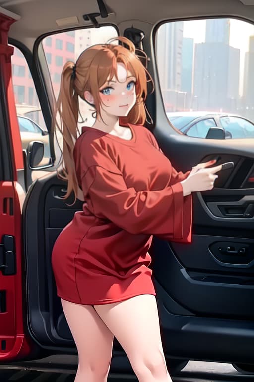  beautiful young woman curvy , curvy firgue , full face , freckles, clean face pale complextion , in red lingerie, dark blonde hair up in half pony , standing with ford truck, black with red rims