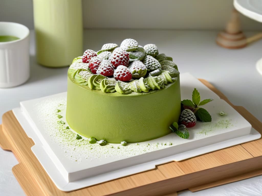  An ultradetailed closeup image of a delicate matcha green tea cake topped with vibrant fresh raspberries, a dusting of powdered sugar, and a sprig of fresh mint, set against a simple, elegant white plate. The cake's moist, greenhued crumb is visible, showcasing the rich flavor of matcha, while the glossy berries add a pop of color and freshness to the composition. The image captures the essence of a sophisticated yet approachable dessert made with essential ingredients for green tea treats, appealing to both the eyes and the taste buds. hyperrealistic, full body, detailed clothing, highly detailed, cinematic lighting, stunningly beautiful, intricate, sharp focus, f/1. 8, 85mm, (centered image composition), (professionally color graded), ((bright soft diffused light)), volumetric fog, trending on instagram, trending on tumblr, HDR 4K, 8K