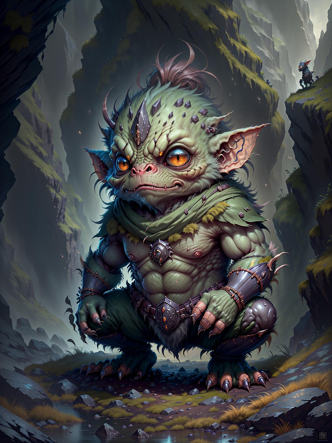  master piece, best quality, ultra detailed, highres, 4k.8k, Fierce goblin warrior, Guarding its territory with a menacing posture, Menacing and aggressive, BREAK Encounter with a ferocious goblin in the mountains., Remote mountain pass, Rugged terrain, dense foliage, and ominous mist, BREAK Foreboding and perilous, Subtle glow from the goblin's menacing eyes, emphasizing its ferocity, creature00d,Cu73Cre4ture