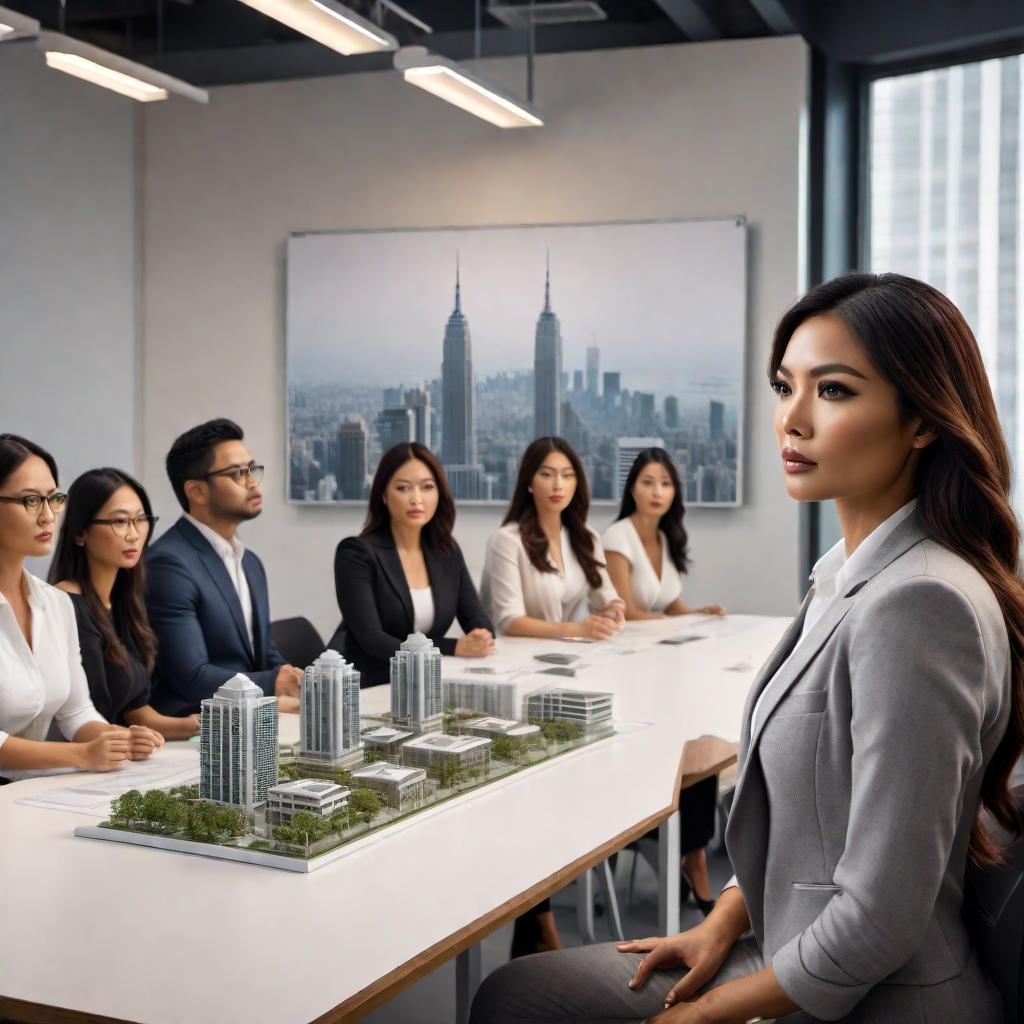  Create an image of a Filipino woman facing a group of architects as she presents in a classroom setting. There should be a model of a high-rise glass apartment complex prominently displayed in the scene, with the woman showing architectural hardware to the seated audience. hyperrealistic, full body, detailed clothing, highly detailed, cinematic lighting, stunningly beautiful, intricate, sharp focus, f/1. 8, 85mm, (centered image composition), (professionally color graded), ((bright soft diffused light)), volumetric fog, trending on instagram, trending on tumblr, HDR 4K, 8K