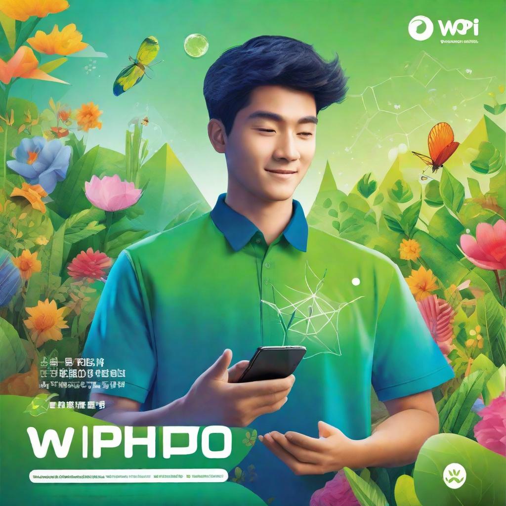  masterpiece, best quality,Background design: fresh green and blue gradient, representing harmony between nature and society. Core image design: a young man organizes an online environmental campaign through the network of Wopi. He uses smart devices to showcase his environmental projects, and the screen displays the slogan "cheer for the earth". The person faces left