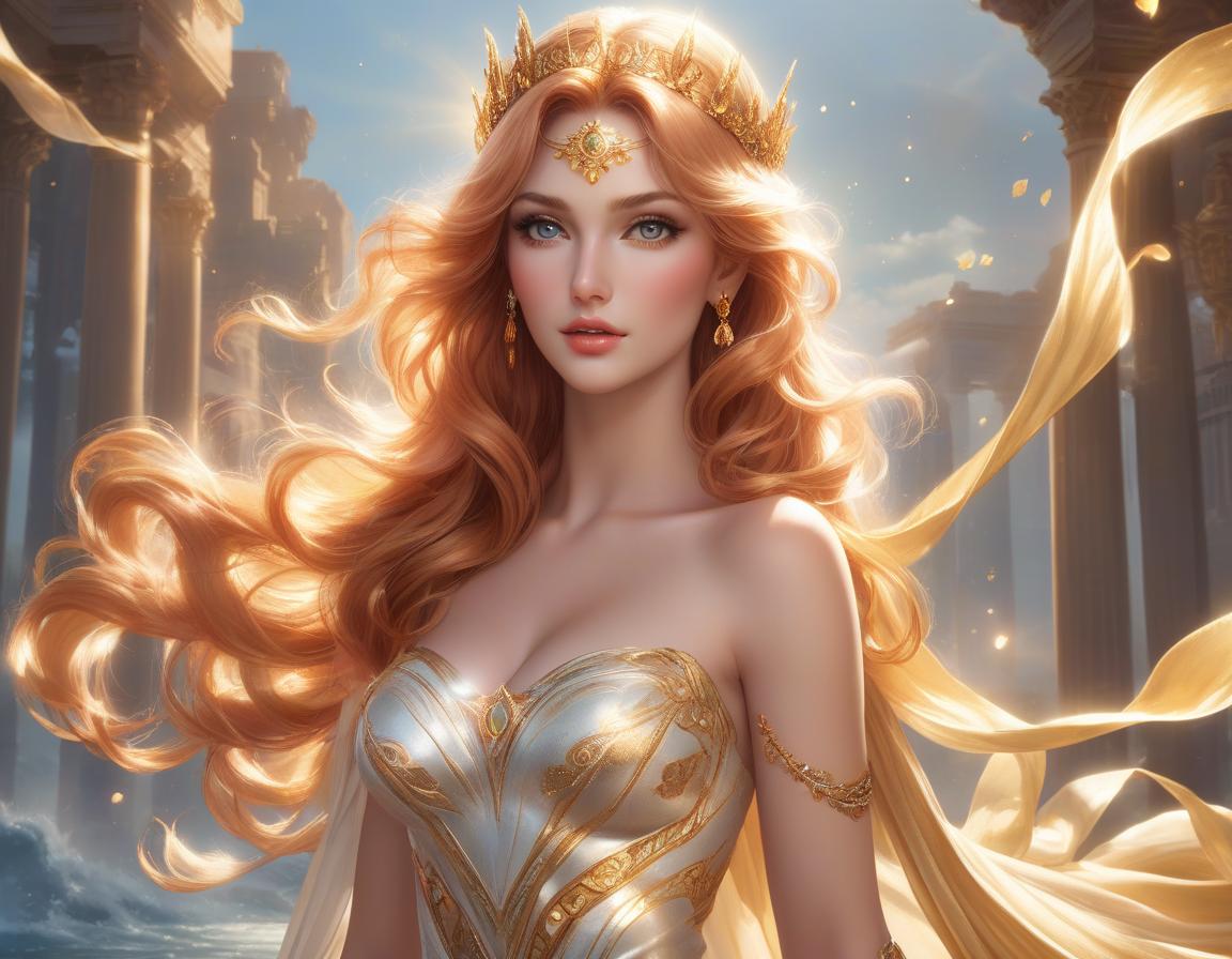  retro game art ((Masterpiece)) Radiant Appearance: Aphrodite is described as having a luminous and radiant presence, often likened to the glow of the sun or the gentle light of the moon. Her beauty is said to be so striking that it captivates all who see her. Golden Hair: She is often depicted with flowing golden hair, which cascades in soft waves down her back. In some interpretations, her hair is auburn or reddish, adding to her allure. Flawless Skin: Aphrodite’s skin is described as flawless and ivory like, smooth and soft to the touch, emitting an ethereal glow that enhances her divine nature. Enchanting Eyes: Her eyes are often described as large, expressive, and full of warmth and love. They are said to have a hypnotic quality, draw hyperrealistic, full body, detailed clothing, highly detailed, cinematic lighting, stunningly beautiful, intricate, sharp focus, f/1. 8, 85mm, (centered image composition), (professionally color graded), ((bright soft diffused light)), volumetric fog, trending on instagram, trending on tumblr, HDR 4K, 8K