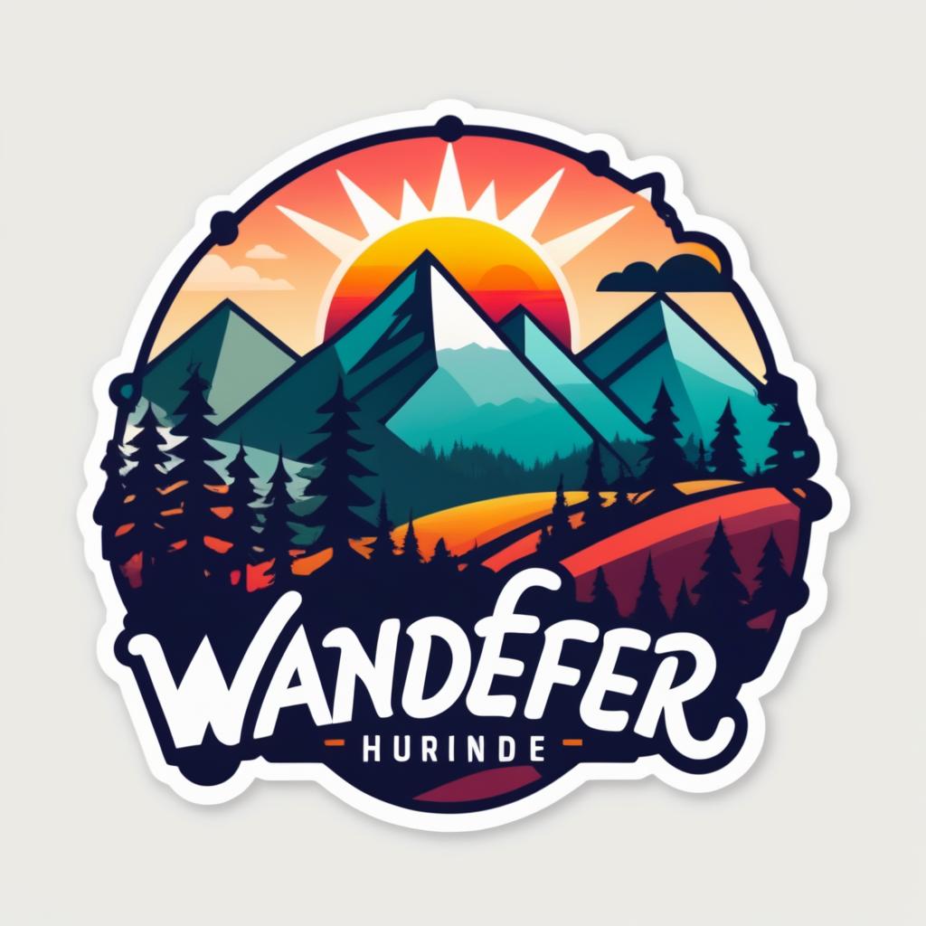  Logo, (geometric style), Benutzerdefiniertes Sticker Design auf einem isolierten weißen Hintergrund mit den Worten ‚WANDERFREUNDE’ vor einem Gebirgszug und Silhouetten von Kiefern bei Sonnenuntergang