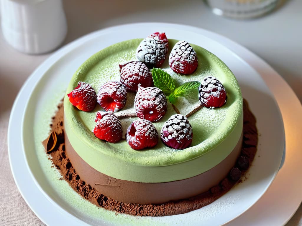  A closeup, ultradetailed image of a decadent chocolate mousse topped with fresh raspberries, mint leaves, and a delicate dusting of cocoa powder, served in an elegant, minimalistic white dessert bowl. The rich, glossy texture of the mousse contrasts beautifully with the vibrant red of the raspberries and the deep green of the mint leaves, creating a visually striking and appetizing composition that embodies the essence of sensorydriven sugarfree desserts. hyperrealistic, full body, detailed clothing, highly detailed, cinematic lighting, stunningly beautiful, intricate, sharp focus, f/1. 8, 85mm, (centered image composition), (professionally color graded), ((bright soft diffused light)), volumetric fog, trending on instagram, trending on tumblr, HDR 4K, 8K