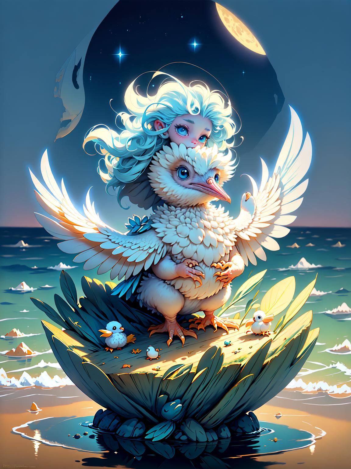  master piece, best quality, ultra detailed, highres, 4k.8k, Pelican, Carrying a baby in its beak, Gentle, BREAK Pelican carrying a baby, Angelic and gentle space., Blue sky with fluffy white clouds, Baby blanket, pacifier, small toys, BREAK Serene and peaceful, Soft light, a warm aura surrounding the characters, Cu73Cre4ture