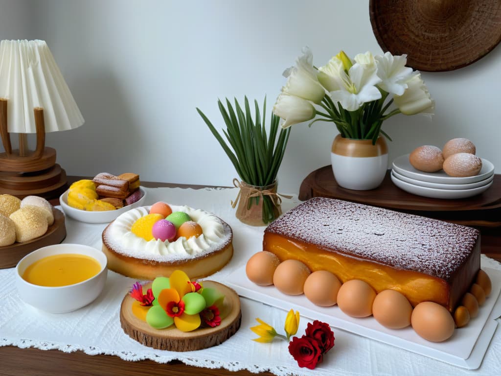  A photorealistic image of a beautifully decorated Easter dessert table, showcasing traditional Spanish Easter sweets like torrijas, pestiños, and monas de Pascua. The table is adorned with vibrant flowers, pastelcolored Easter eggs, and elegant tableware, creating a festive and inviting atmosphere. The desserts are artfully arranged on elegant serving platters, highlighting their intricate designs and delicious textures. The soft, natural lighting enhances the colors and textures of the desserts, making them look even more tempting and mouthwatering. hyperrealistic, full body, detailed clothing, highly detailed, cinematic lighting, stunningly beautiful, intricate, sharp focus, f/1. 8, 85mm, (centered image composition), (professionally color graded), ((bright soft diffused light)), volumetric fog, trending on instagram, trending on tumblr, HDR 4K, 8K