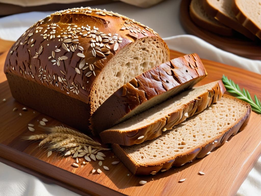  A closeup, highresolution image of a rustic wooden bread cutting board with a scattering of whole rye grains and a small stack of freshly baked rye bread slices on top. The warm, golden hues of the bread contrast beautifully with the rich, dark tones of the wooden board, creating a visually appealing and appetizing composition. The texture of the bread crust and the individual rye grains is incredibly detailed, making the viewer almost able to smell the earthy aroma of freshly baked rye bread. hyperrealistic, full body, detailed clothing, highly detailed, cinematic lighting, stunningly beautiful, intricate, sharp focus, f/1. 8, 85mm, (centered image composition), (professionally color graded), ((bright soft diffused light)), volumetric fog, trending on instagram, trending on tumblr, HDR 4K, 8K