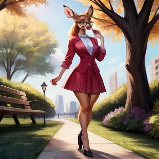  Deer, girl, glasses, johnfoxart, park, best quality, best anatomy, full height, open eyes, digital art, masterpiece, 4k, fine details,