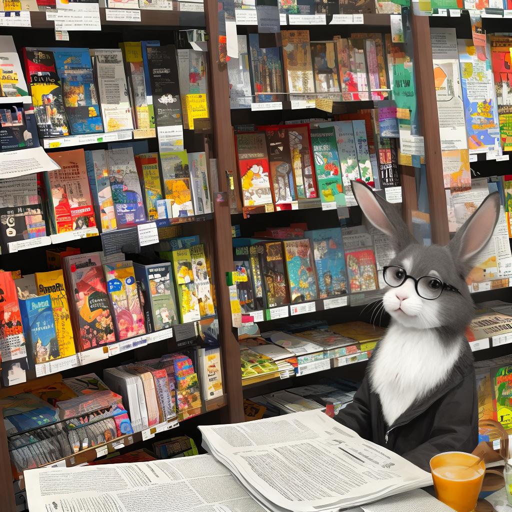  masterpiece, best quality, a rabbit with beautiful glasses in shop and newspaper