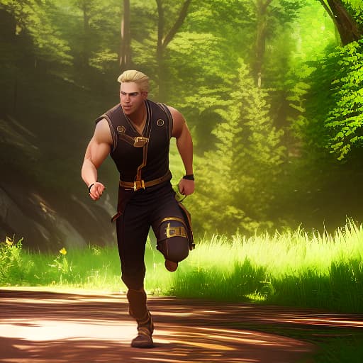 arcane style arcane style, Blonde, short haired, wild God, like muscles, man running through the forest golden wings on his feet , (masterpiece:1.4), best quality, high quality, highly detailed, ultra detail, ultra detailed, unreal engine 5, HDR 4K, 8K
