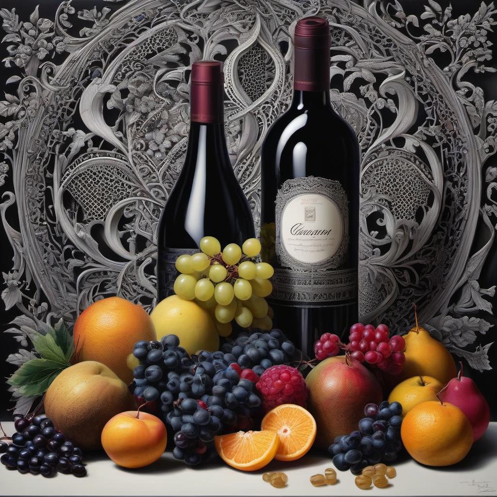  zentangle Fruit and wine still life, by Catherine Abel, Caspar David Friedrich, Leonardo da Vinci, Artgerm, Intricate, Elegant, Digital Illustration, Scenic, Hyper Realistic, Hyper Detailed, 16k, Sharp Focus, Artstation . intricate, abstract, monochrome, patterns, meditative, highly detailed hyperrealistic, full body, detailed clothing, highly detailed, cinematic lighting, stunningly beautiful, intricate, sharp focus, f/1. 8, 85mm, (centered image composition), (professionally color graded), ((bright soft diffused light)), volumetric fog, trending on instagram, trending on tumblr, HDR 4K, 8K