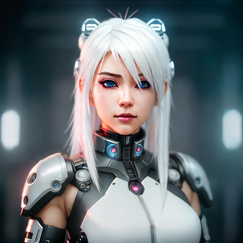  Anime cyborg girl with white hair. ,highly detailed, cinematic lighting, stunningly beautiful, intricate, sharp focus, f1. 8, 85mm, (centered image composition), (professionally color graded), ((bright soft diffused light)), volumetric fog, trending on instagram, trending on tumblr, HDR 4K, 8K