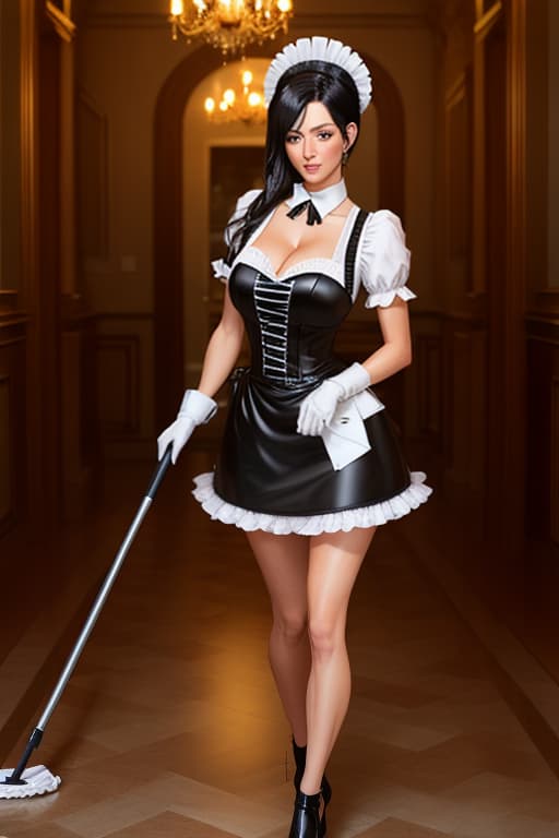  Gisele Bundche ((black hair)) sexy ((maid outfit)), cleaning a manor