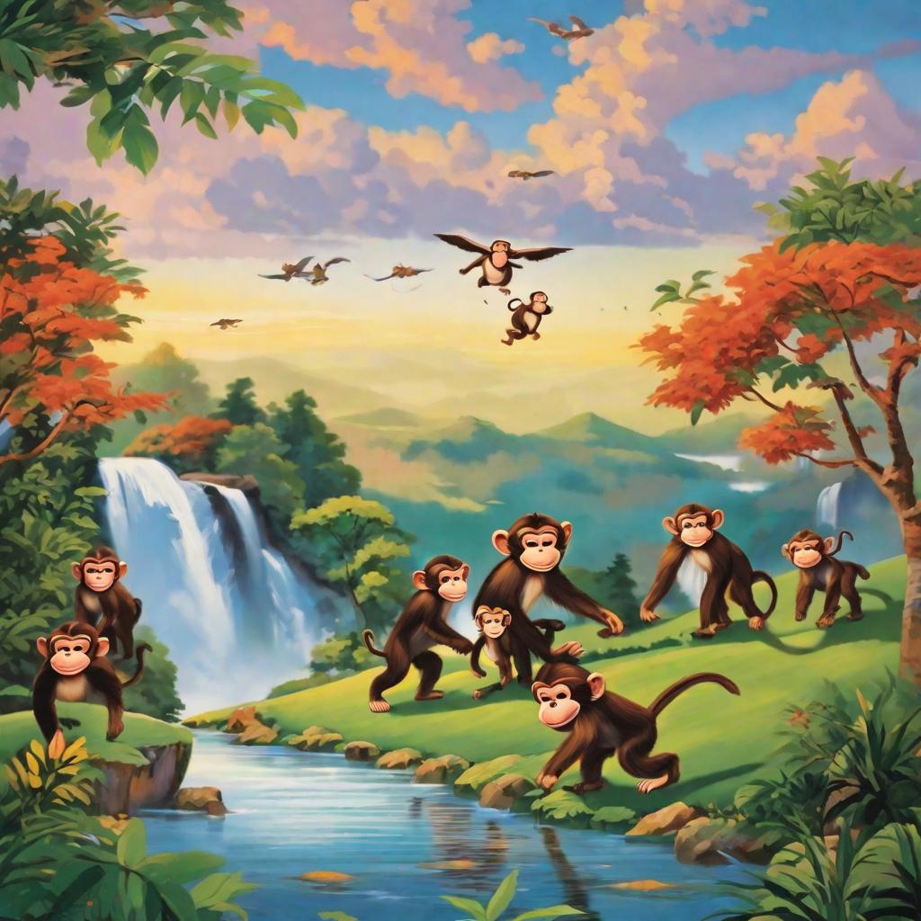  masterpiece, best quality,Monkeys running up the hill