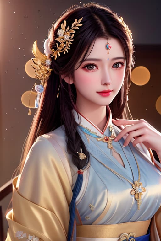  best quality, masterpiece, highres, 1girl,blush,(seductive smile:0.8),star shaped pupils,china hanfu,hair ornament,necklace, jewelry,Beautiful face,upon body, tyndall effect,photorealistic, dark studio, rim lighting, two tone lighting,(high detailed skin:1.2), 8k uhd, dslr, soft lighting, high quality, volumetric lighting, candid, Photograph, high resolution, 4k, 8k, Bokeh hyperrealistic, full body, detailed clothing, highly detailed, cinematic lighting, stunningly beautiful, intricate, sharp focus, f/1. 8, 85mm, (centered image composition), (professionally color graded), ((bright soft diffused light)), volumetric fog, trending on instagram, trending on tumblr, HDR 4K, 8K