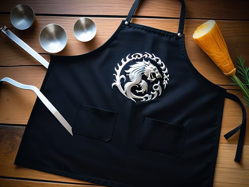  An ultradetailed, 8k image of a sleek, minimalist black apron embroidered with intricate silver dragons, direwolves, and lion motifs, symbolizing the noble houses of Targaryen, Stark, and Lannister. The apron hangs gracefully against a backdrop of aged, weathered wooden kitchen utensils, evoking a sense of ancient craftsmanship and epic baking adventures in the realm of Westeros. hyperrealistic, full body, detailed clothing, highly detailed, cinematic lighting, stunningly beautiful, intricate, sharp focus, f/1. 8, 85mm, (centered image composition), (professionally color graded), ((bright soft diffused light)), volumetric fog, trending on instagram, trending on tumblr, HDR 4K, 8K